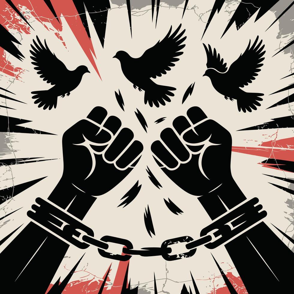 Black fists in chains with doves flying above a distressed background vector
