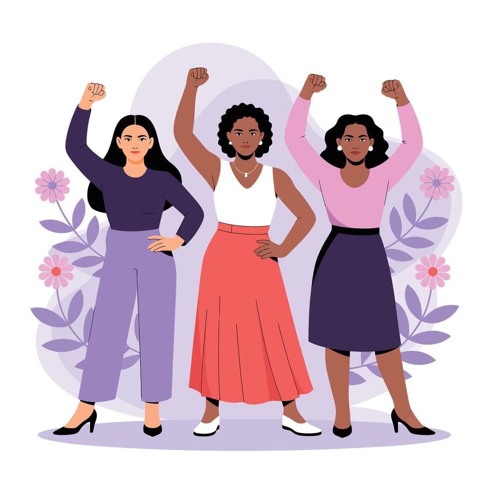 Three women with raised fists in solidarity illustration vector