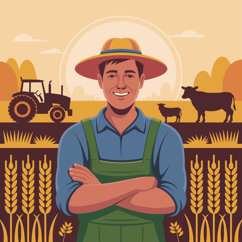 Smiling Farmer with Arms Crossed in Field with Tractor Cow and Wheat vector