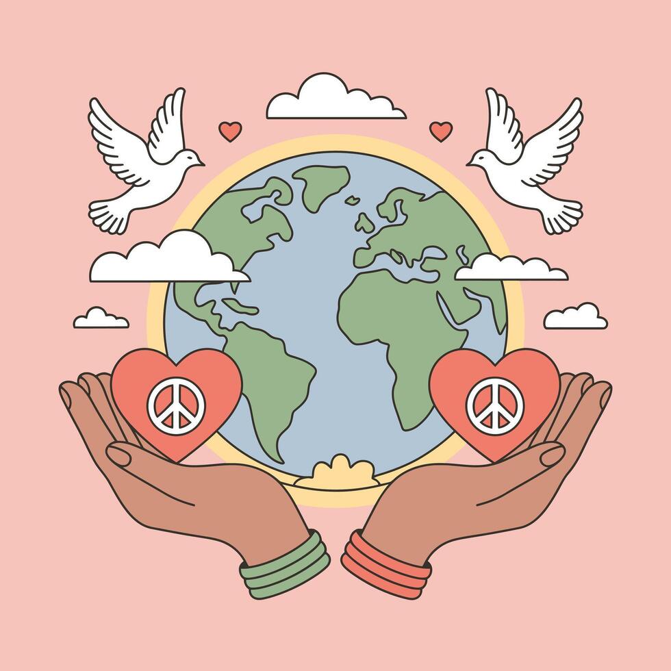 Earth with doves, hearts, and peace symbols held in hands on pink background vector