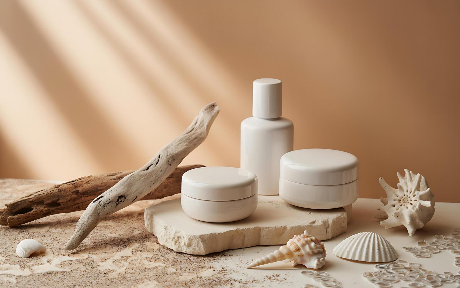 A white container with a bottle of cream, a shell and a starfish photo
