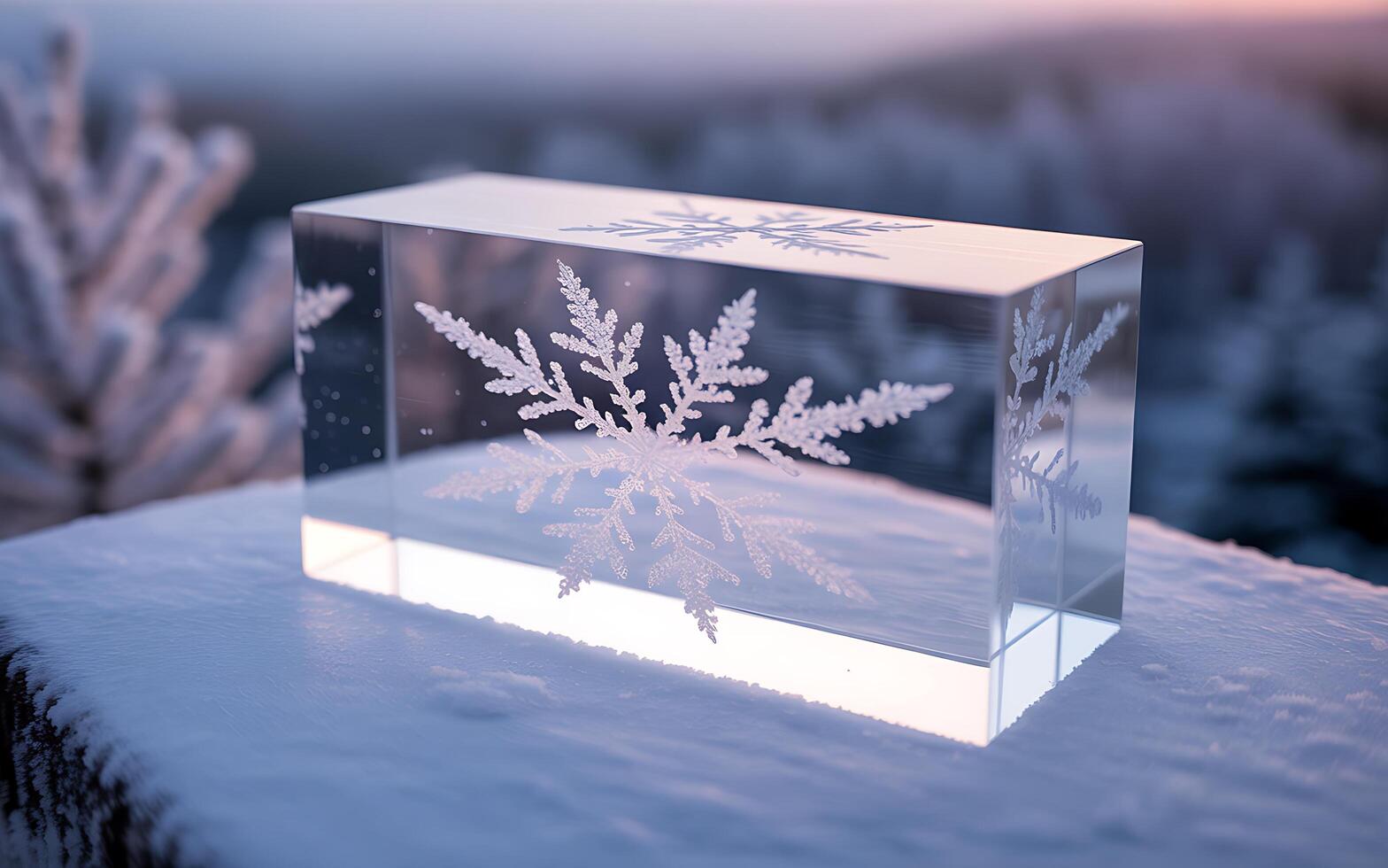 A clear block with a snowflake design on it photo