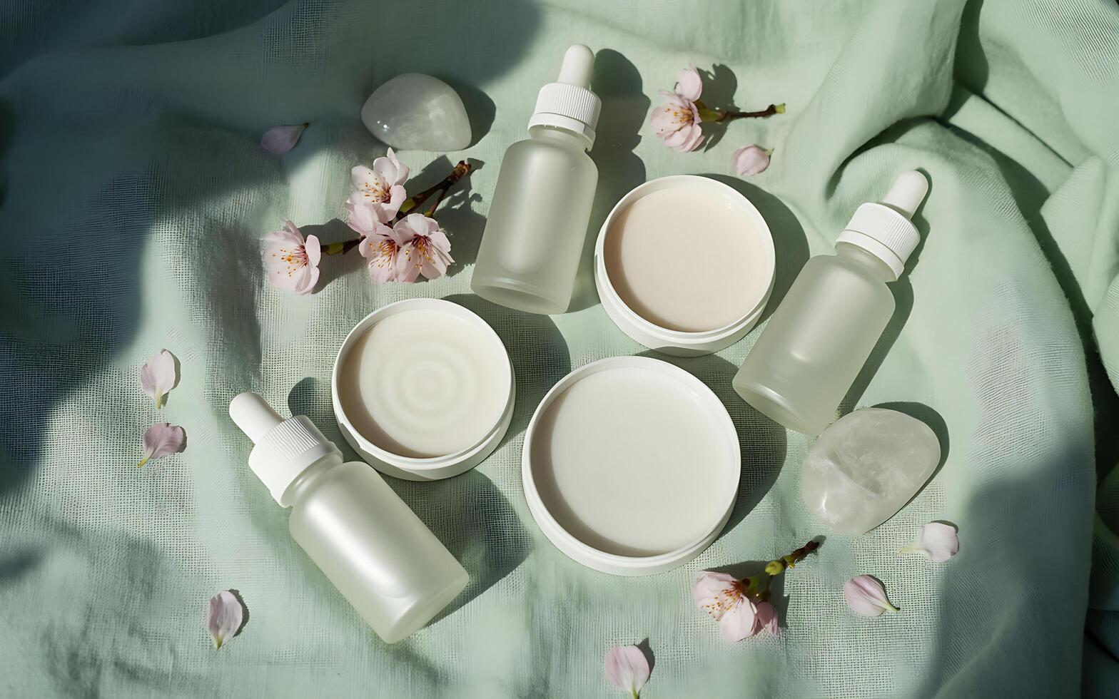A variety of cosmetic products on a green cloth photo