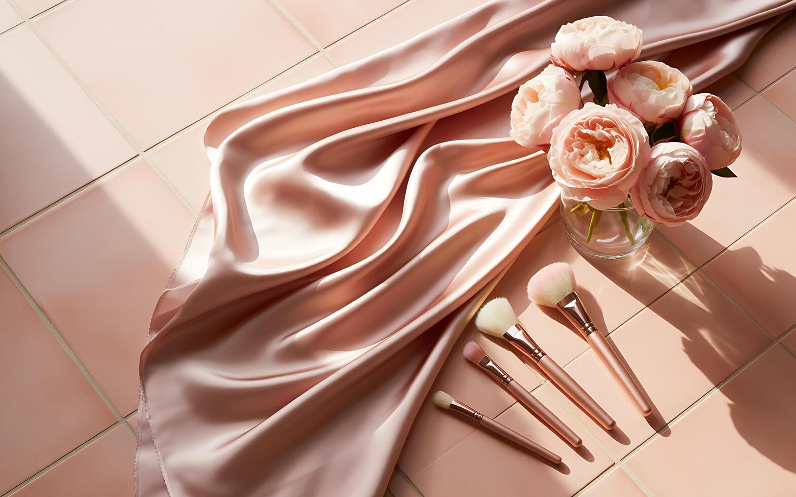 Rose flowers and makeup brushes on a pink tiled floor photo
