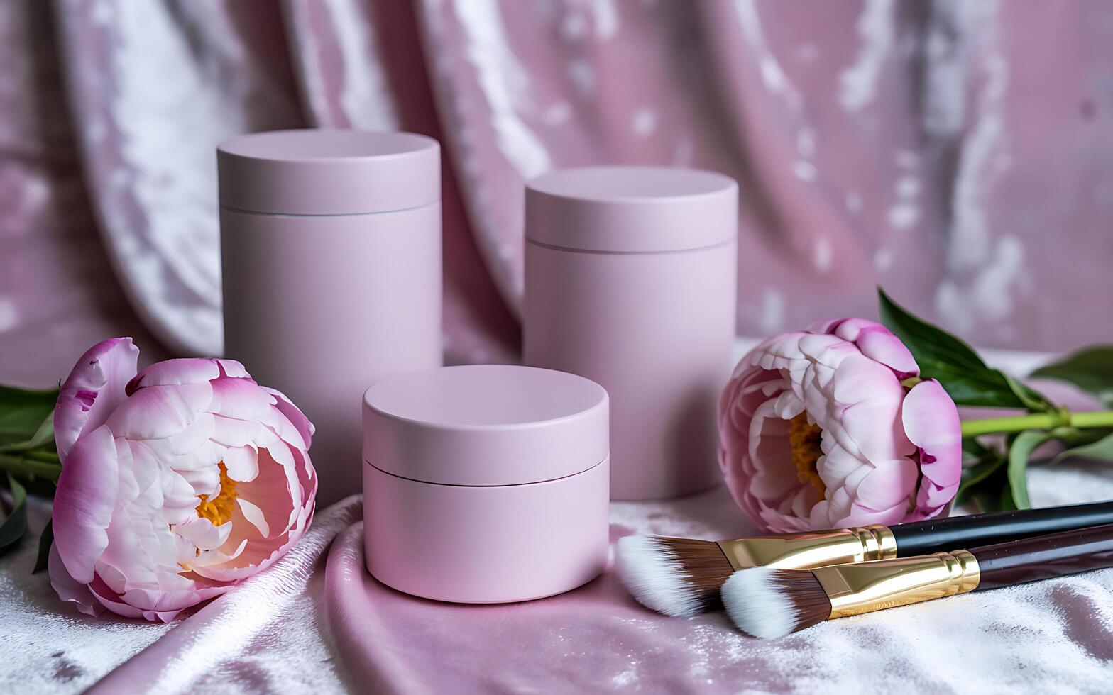 Three pink containers with brushes and flowers photo