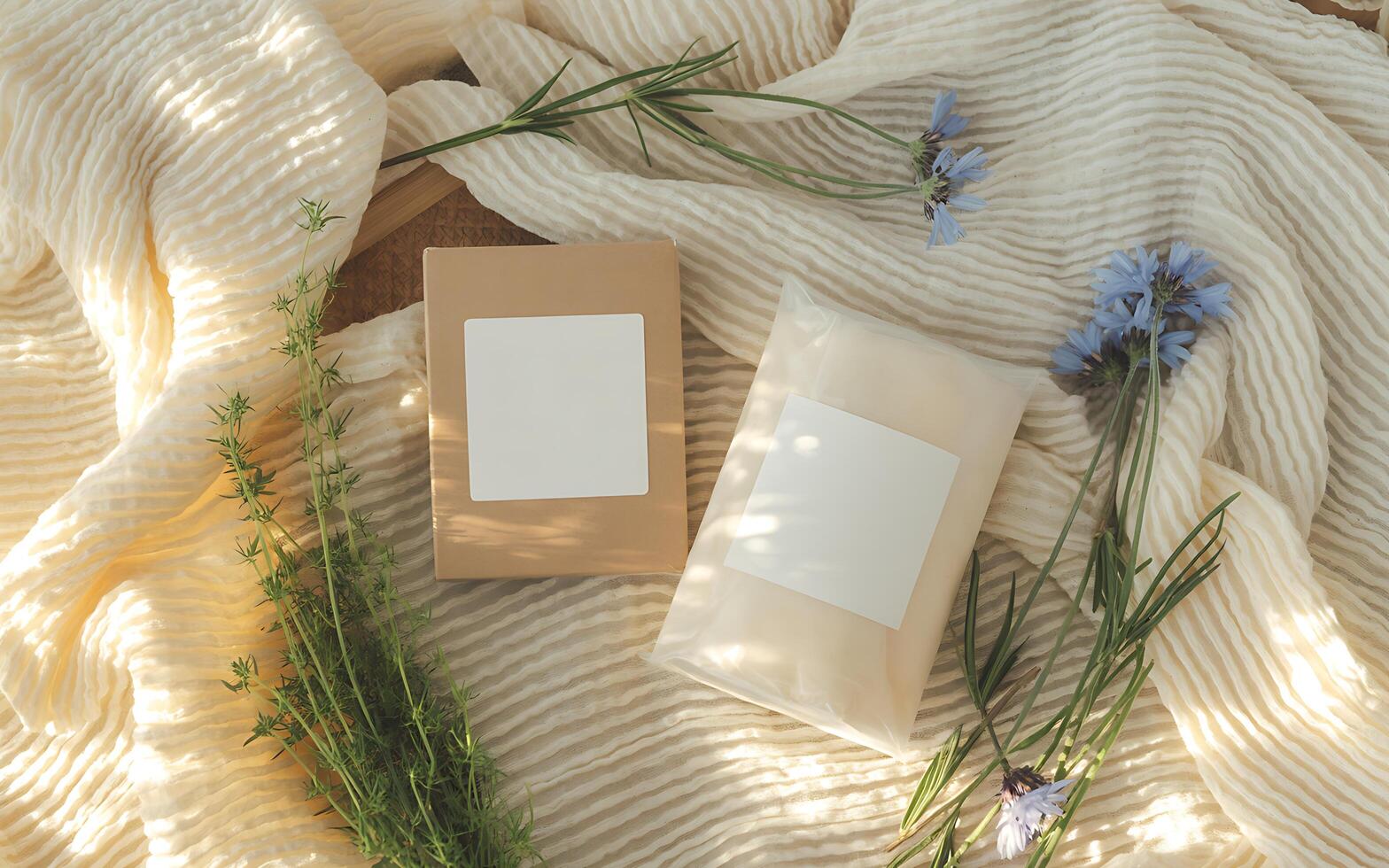 Two boxes of soap on a blanket with flowers photo