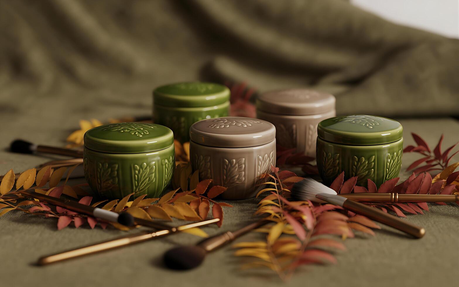 A bunch of green jars with brushes on top of a table photo