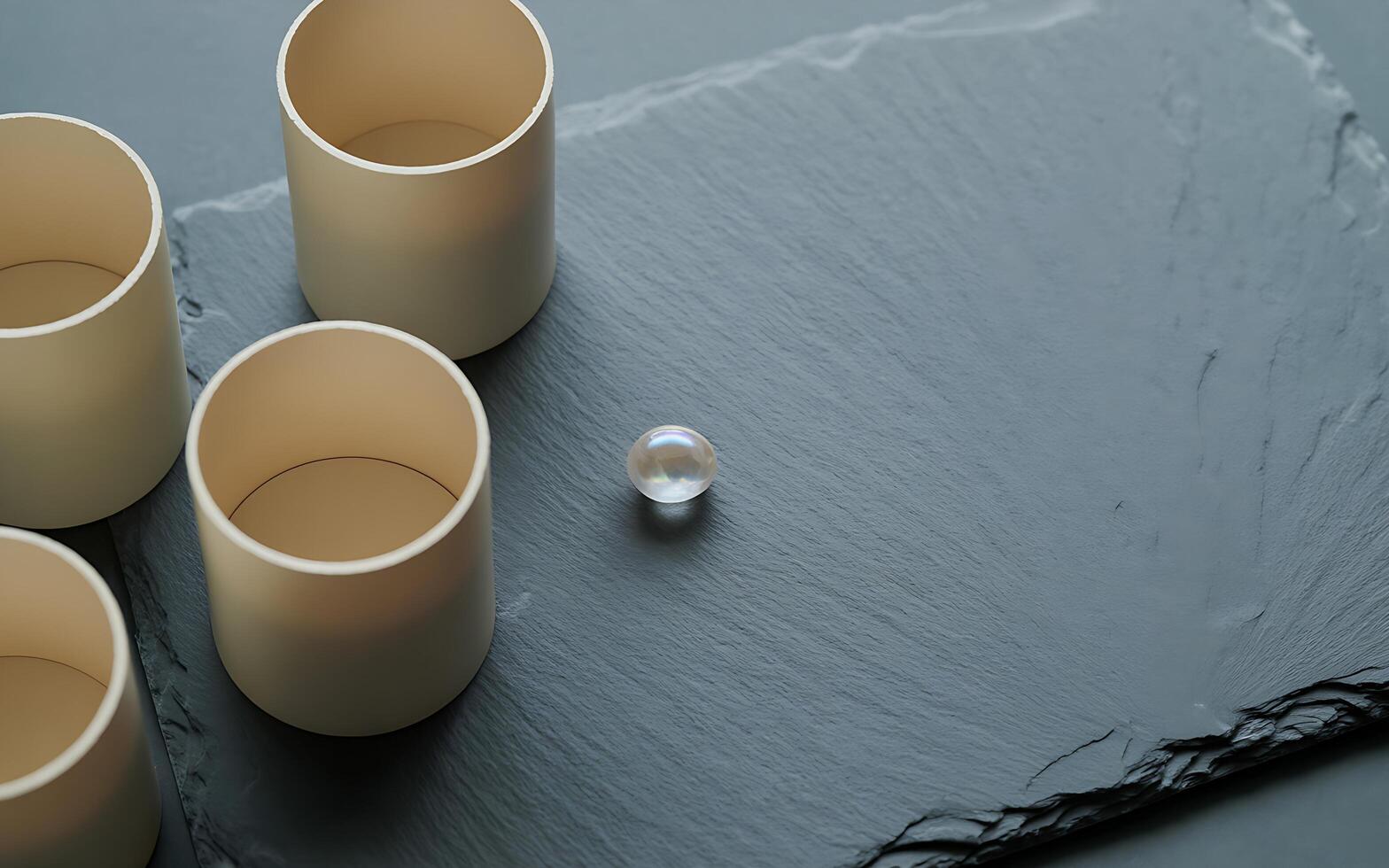 A small white ball is sitting in the middle of four empty cups photo