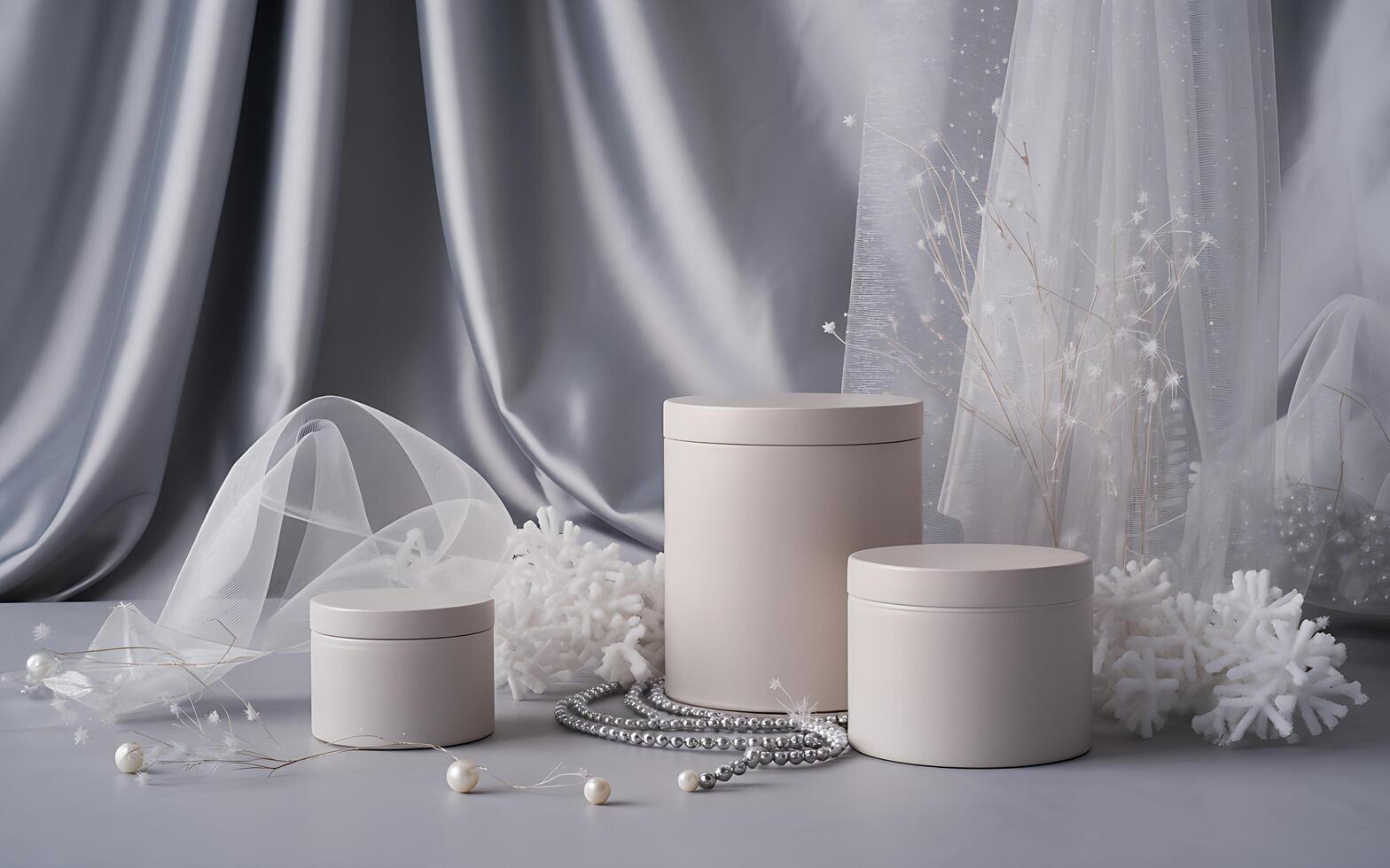 Three white containers with pearls and flowers photo