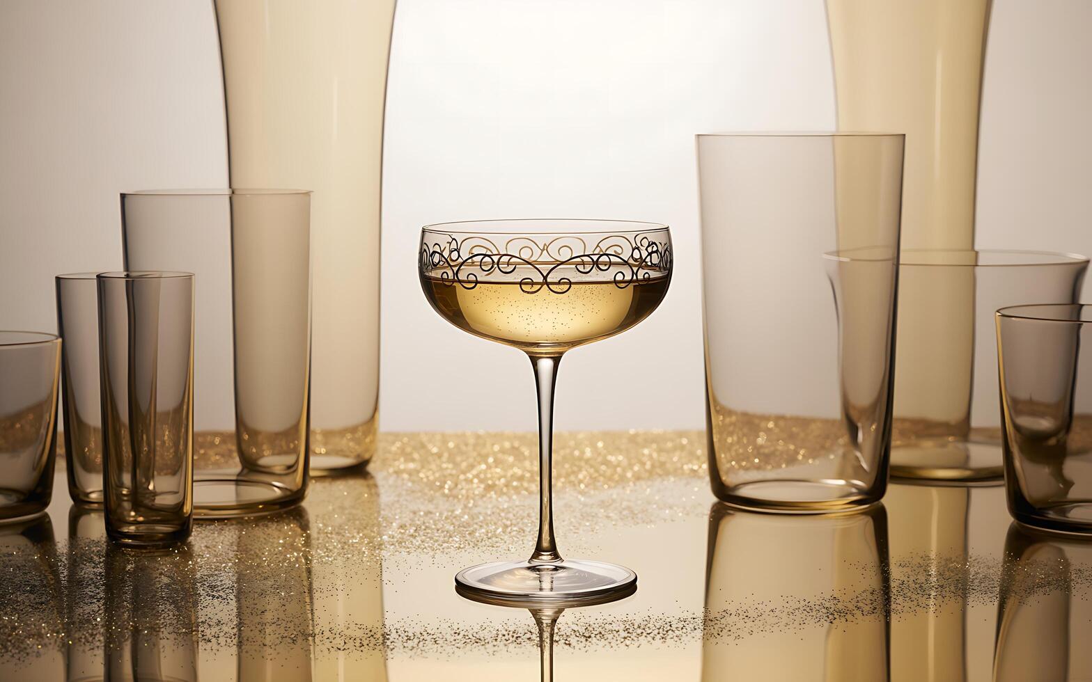 A glass of wine sitting on a table next to a glass of water photo