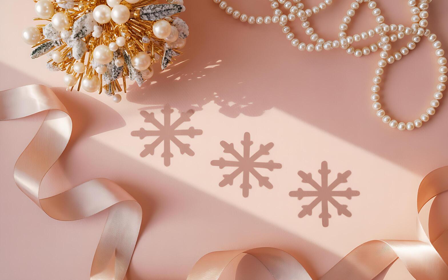 A pink background with pearls and snowflakes photo