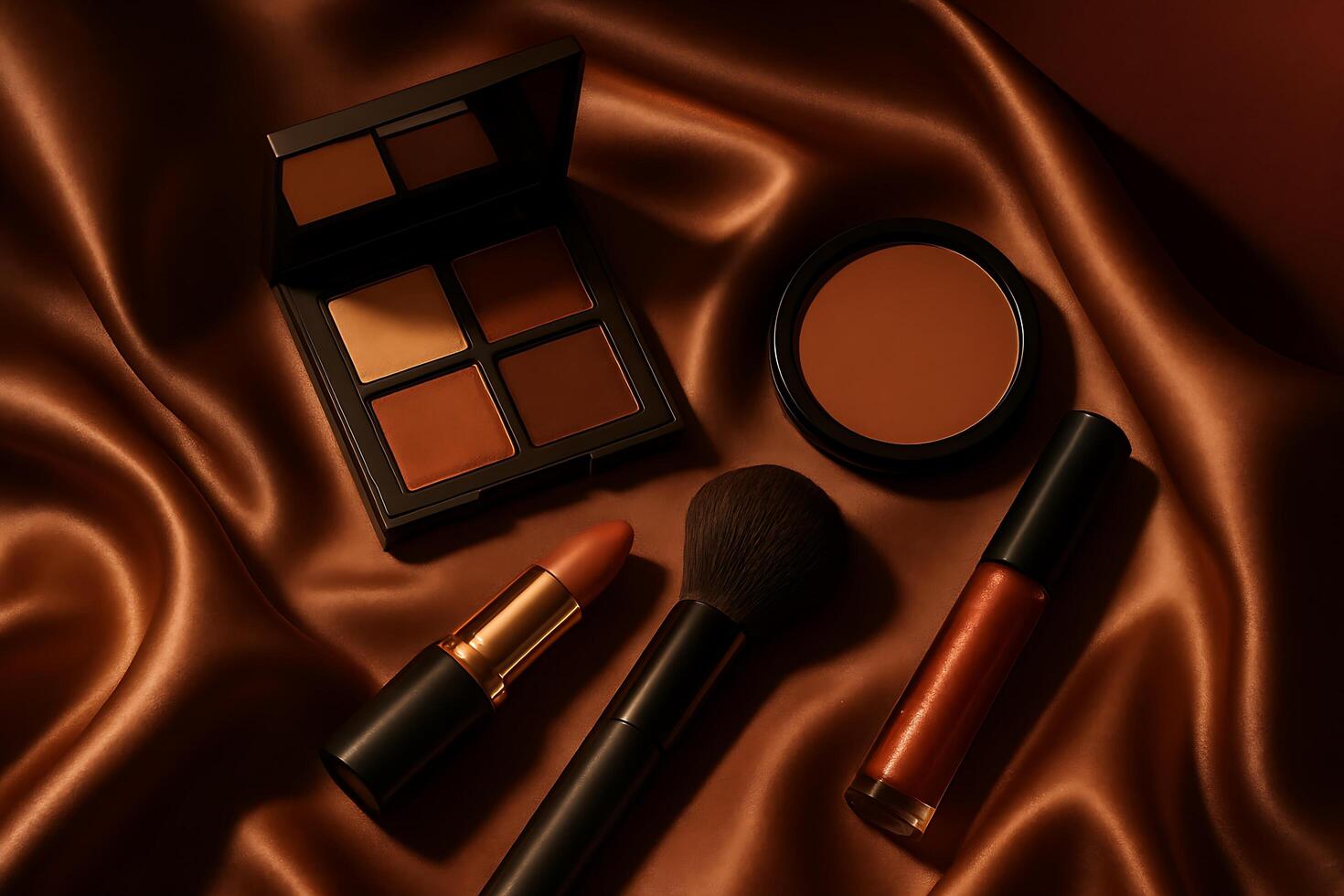 Makeup products on a satin cloth photo