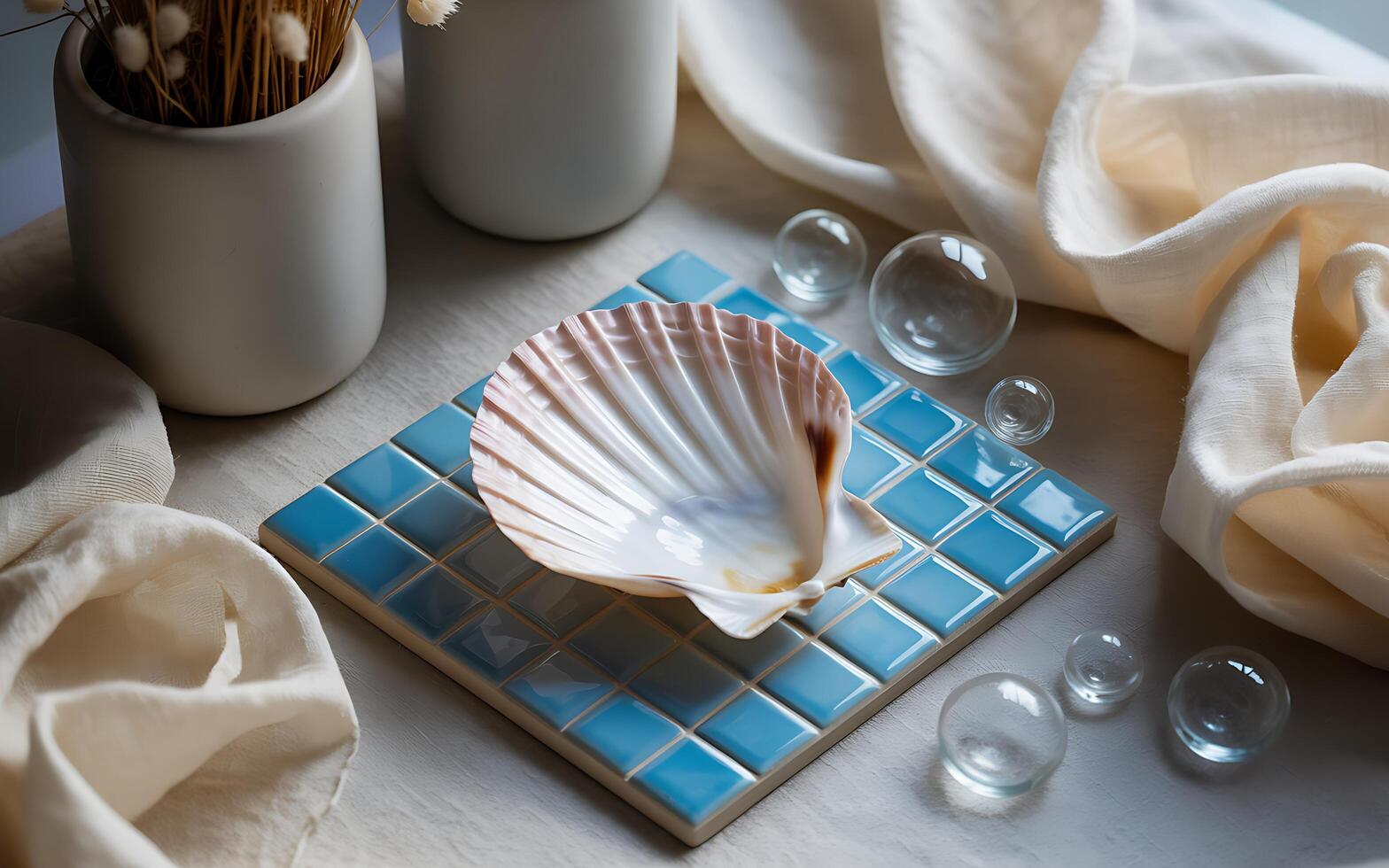 A shell on a blue tile with white flowers photo