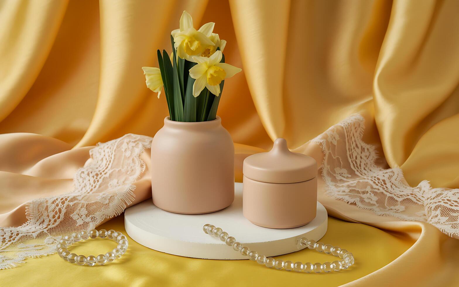 A vase with yellow flowers and pearls on a table photo