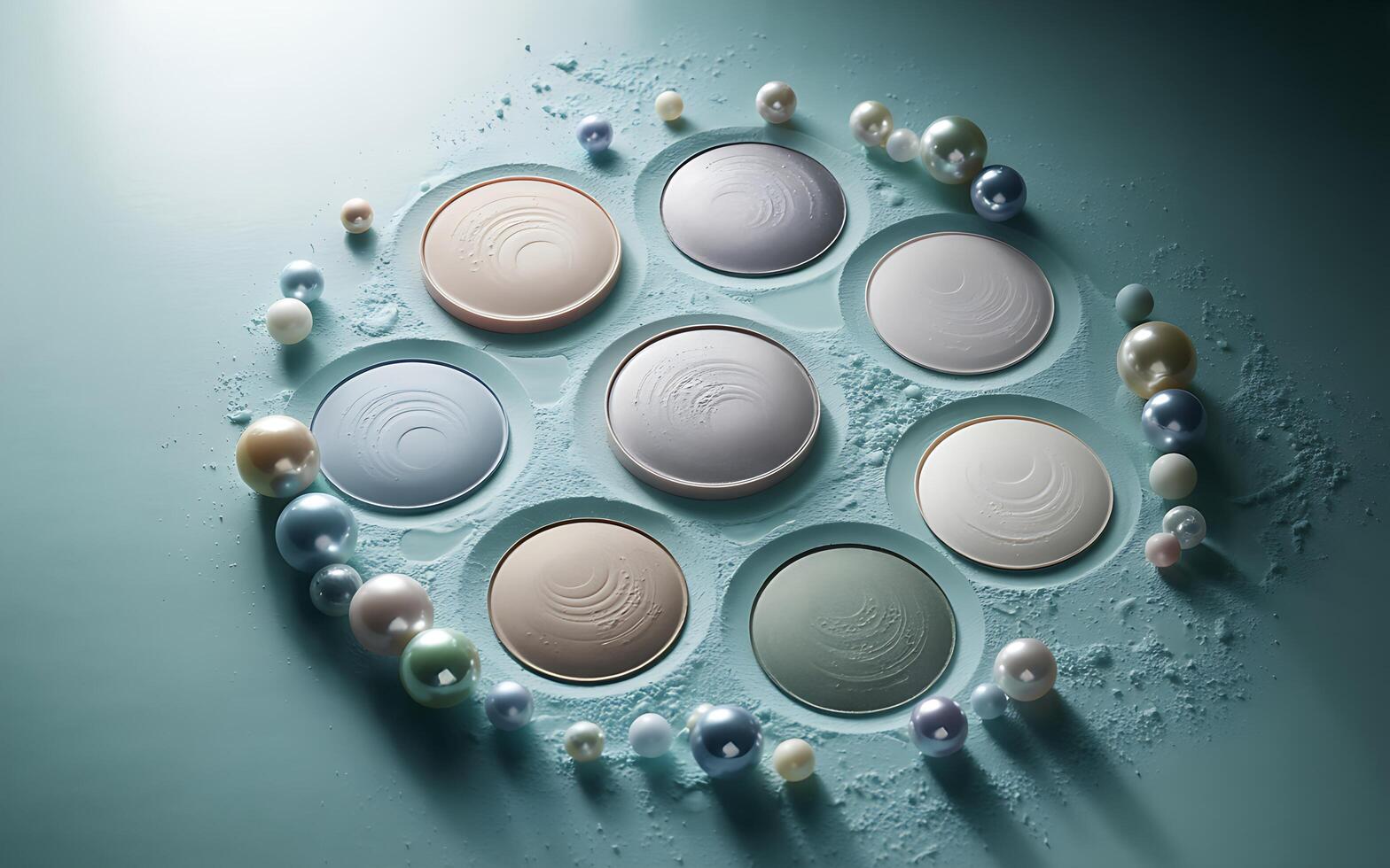 A circular arrangement of different colored pearls on a blue surface photo