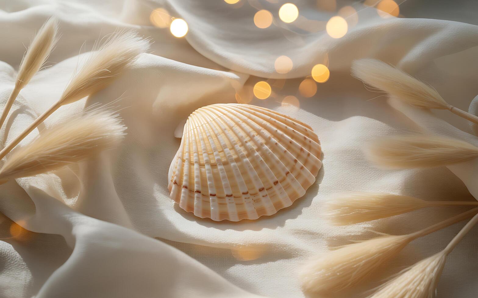 A shell and some grass on a white cloth photo