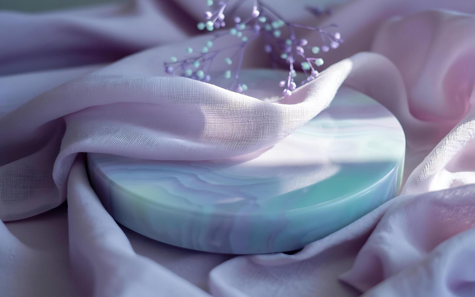 A white round cake sitting on a purple cloth photo