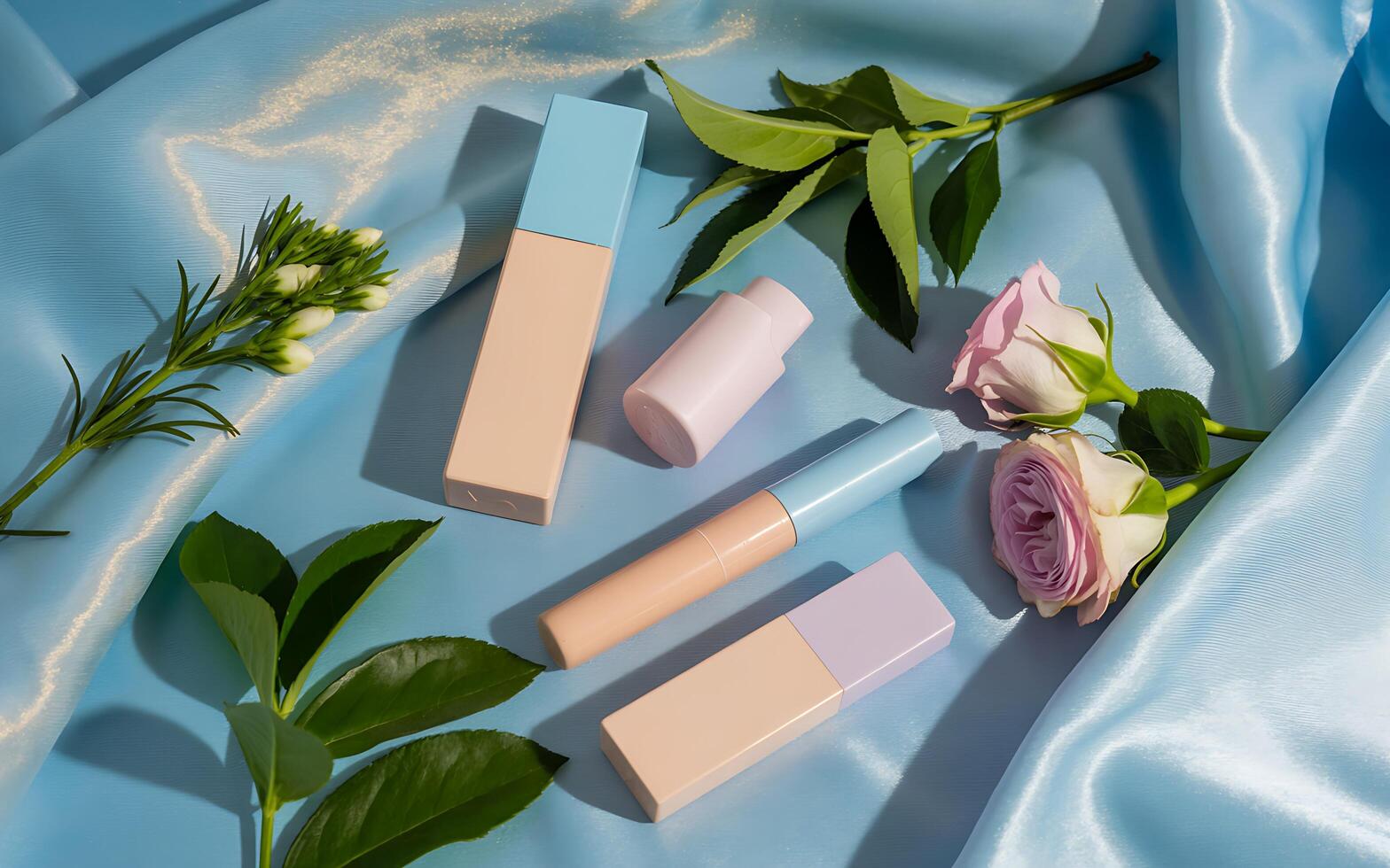 Three different types of cosmetics on a blue satin photo