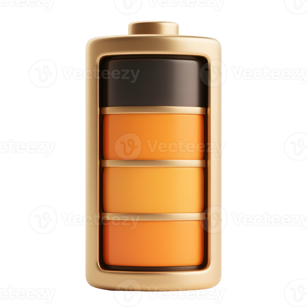 A golden battery shows a full charge isolated on transparent background png