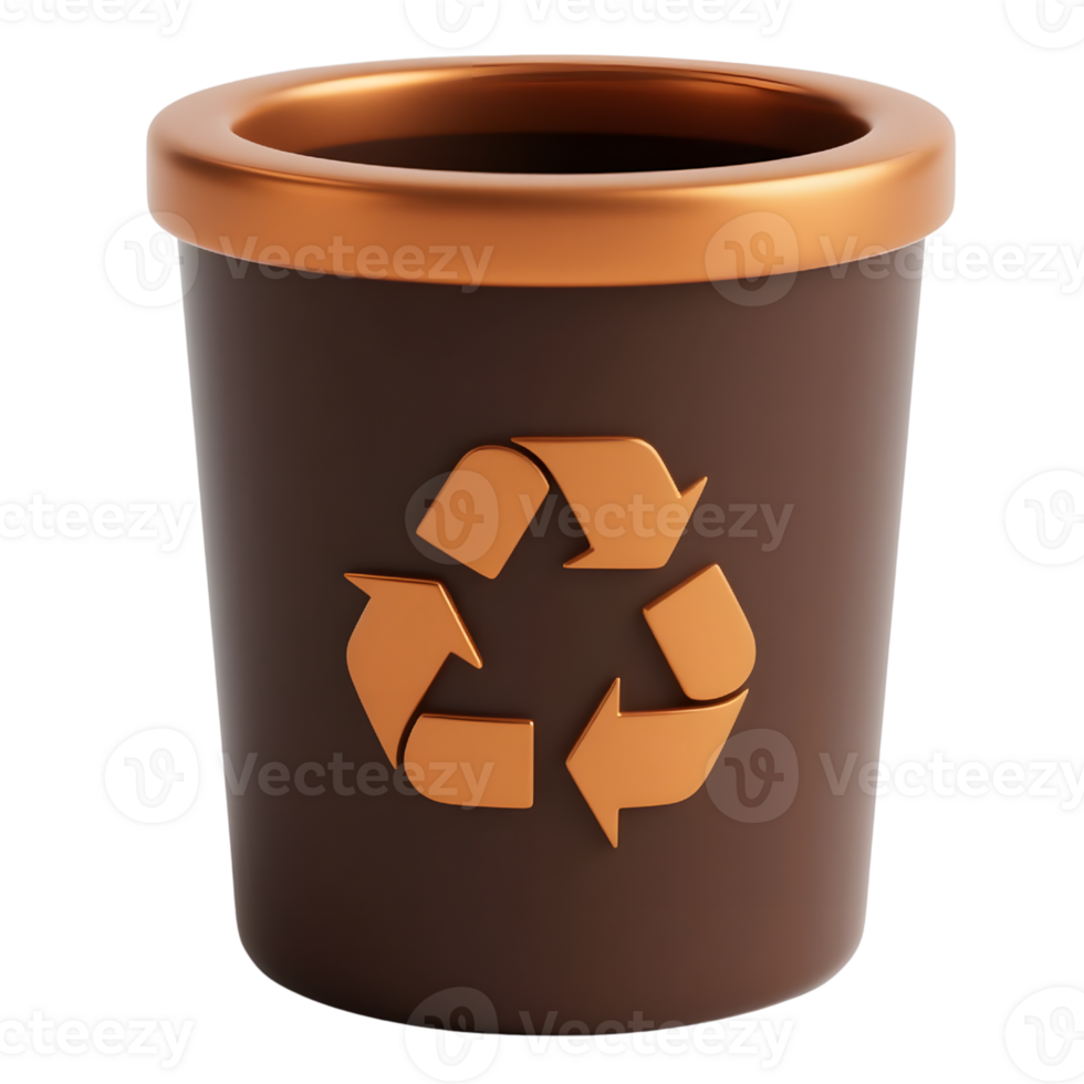 A brown recycle bin with bronze trim isolated on transparent background png