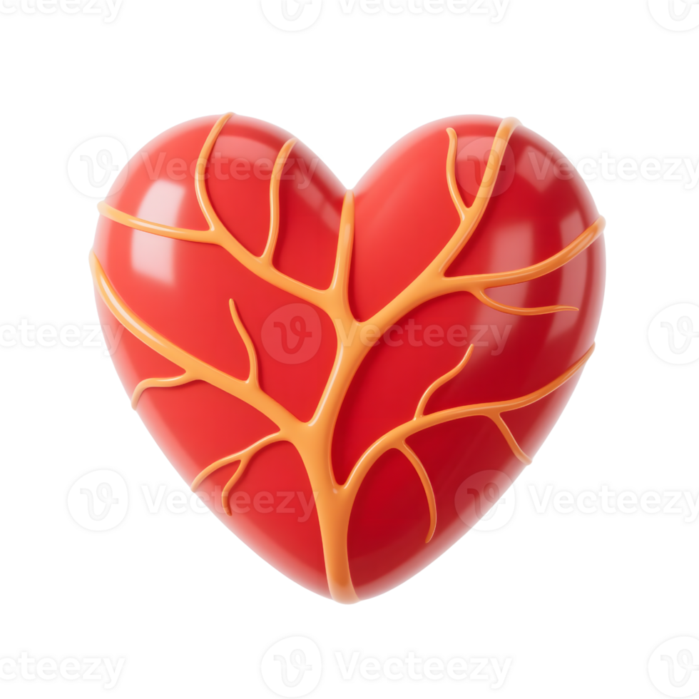 A red heart with orange vessels isolated on transparent background png