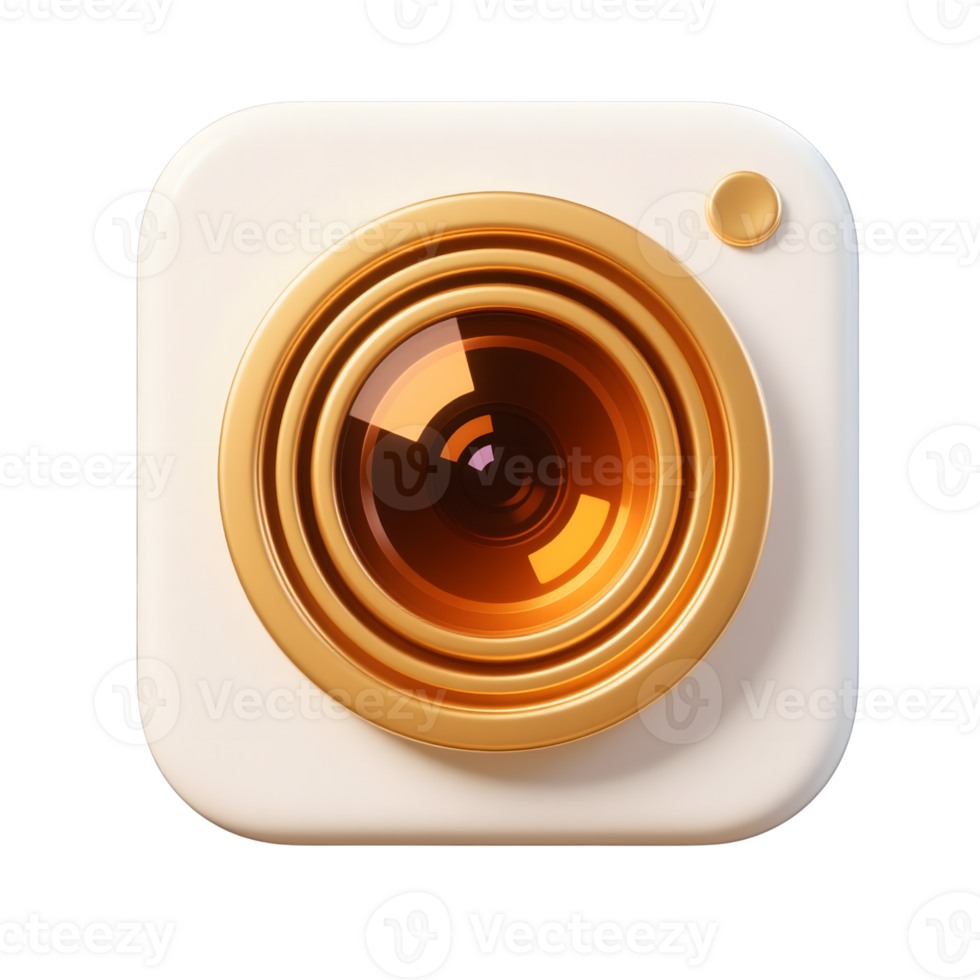 A golden lens camera is isolated on transparent background png