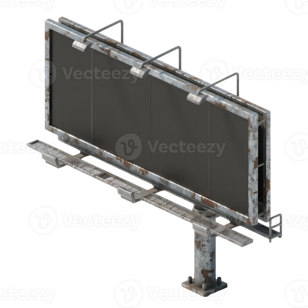 An old, rusty billboard stands isolated on transparent background png