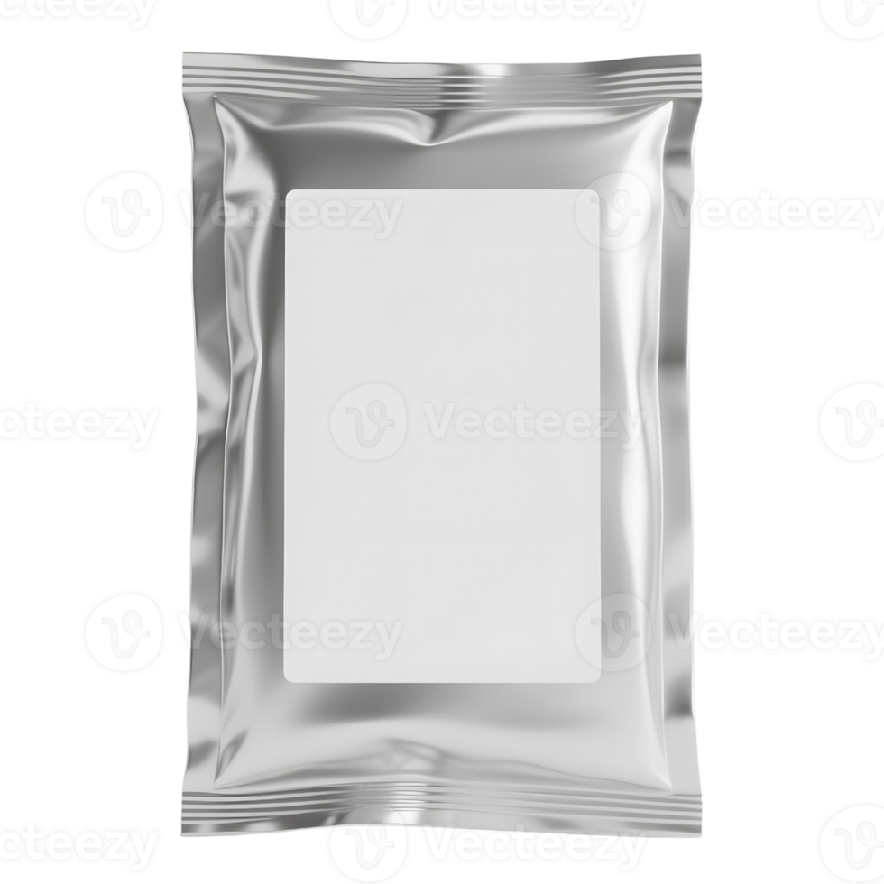 Silver foil pouch with blank label isolated on transparent background png