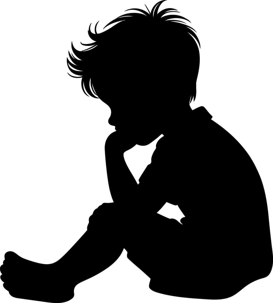 silhouette little boy sitting down vector