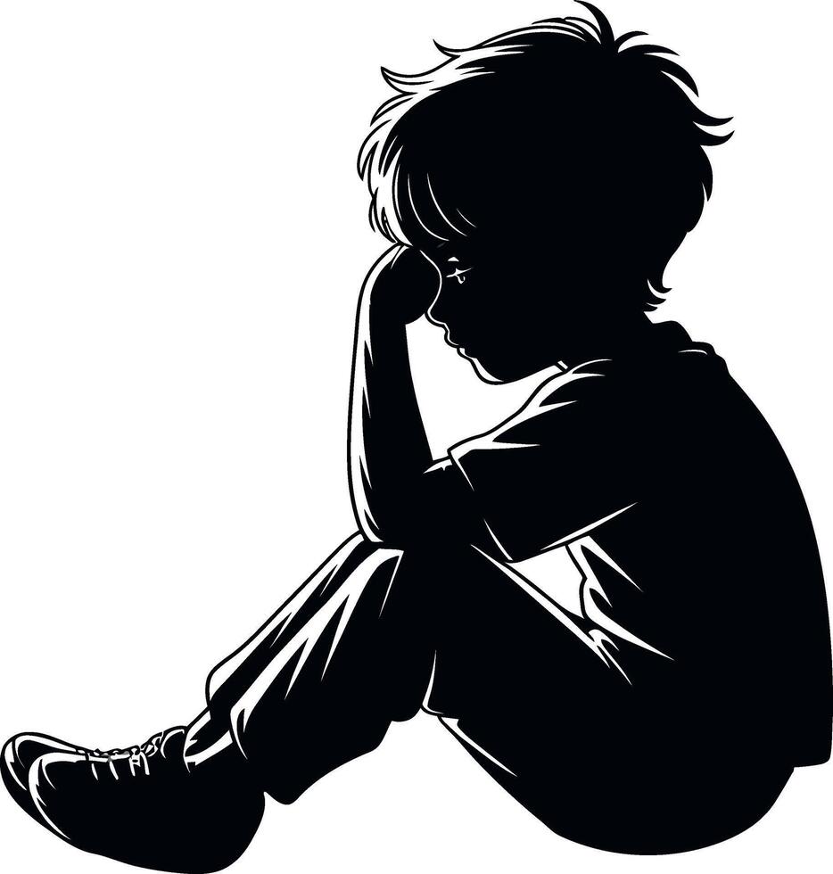 silhouette of a sad boy sitting on the floor vector