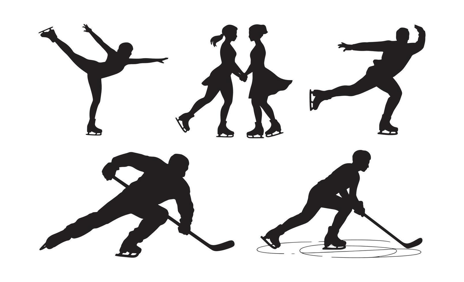 Silhouettes of ice skaters performing figure skating and hockey moves on ice vector