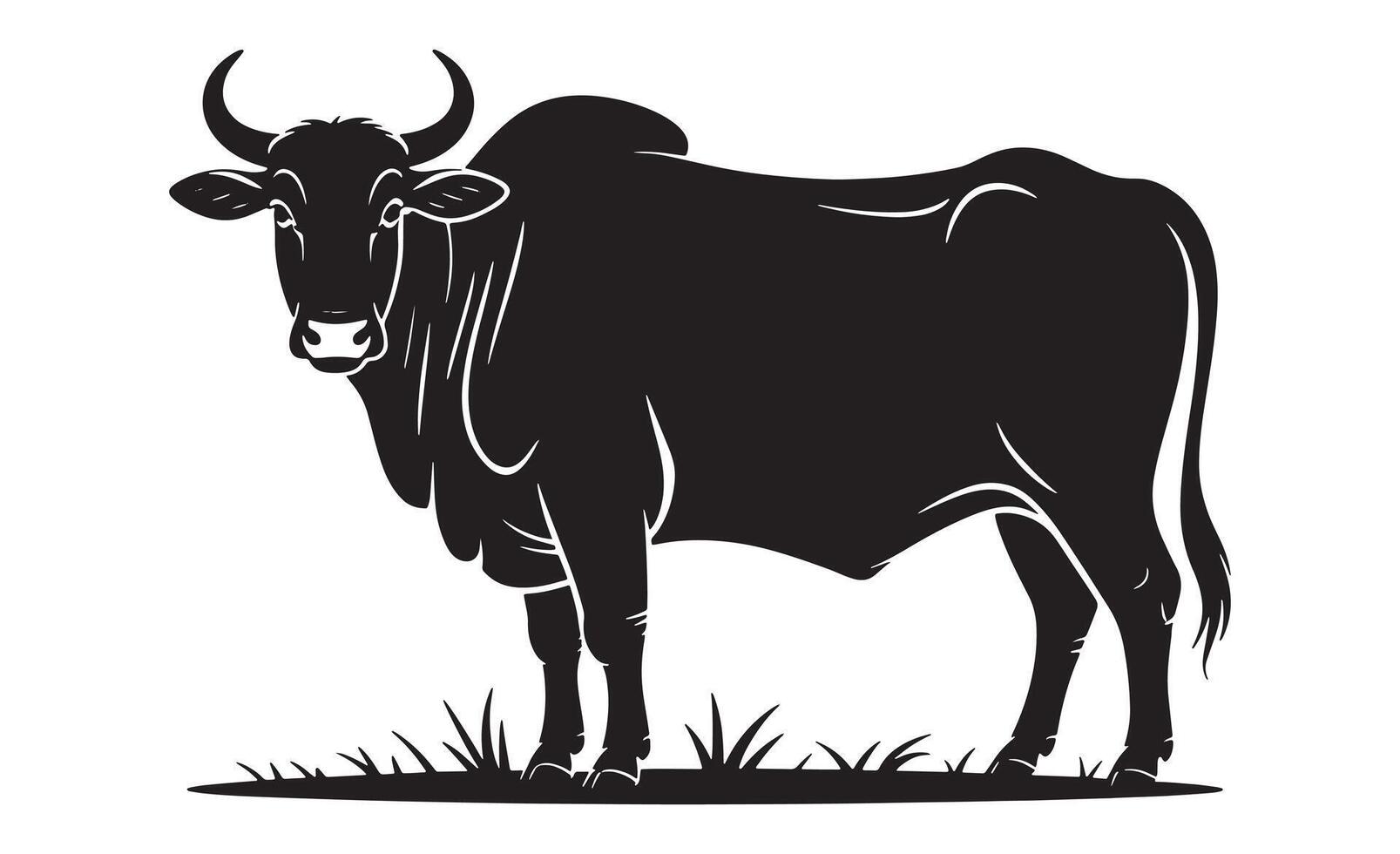Silhouette of a powerful black bull standing in grass vector