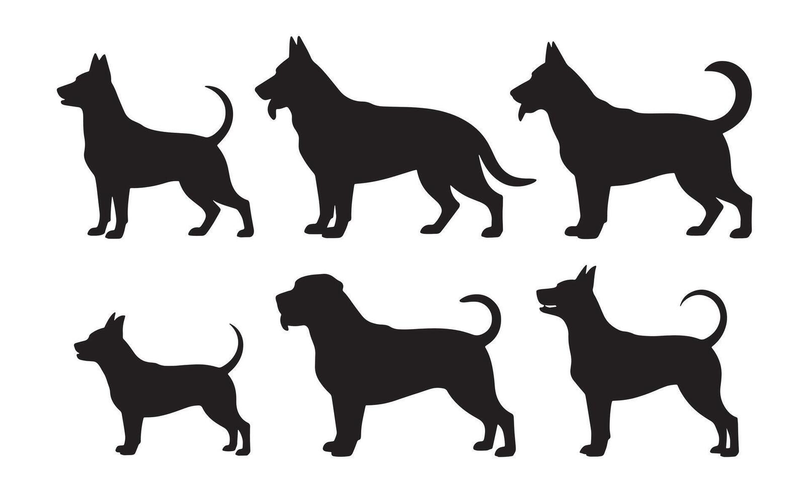 Collection of diverse dog breed silhouettes in black and white vector