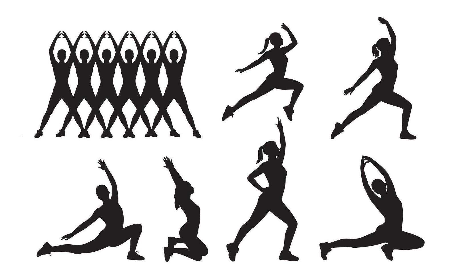 Collection of diverse female silhouettes performing various athletic and yoga poses vector