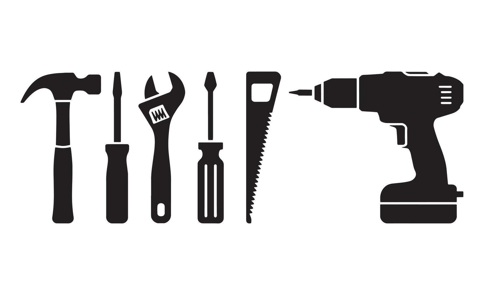 Collection of essential hand tools and a power drill for various tasks vector