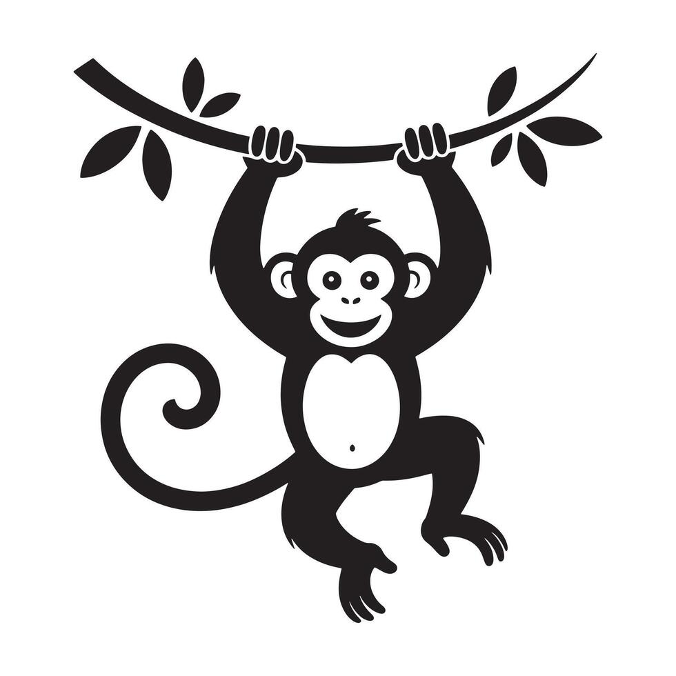 Happy monkey swinging from a tree branch with leaves in a playful pose vector