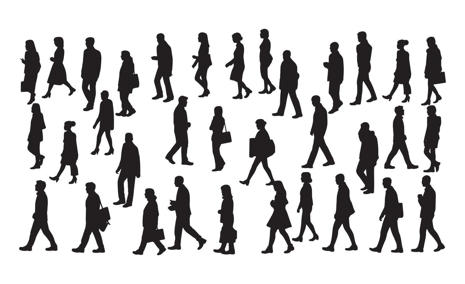 Diverse group of people walking in silhouette against a white background vector