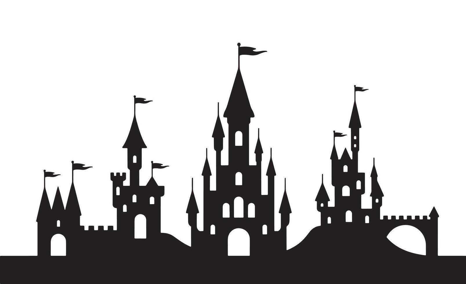 Enchanting silhouette of multiple fairytale castles with flags vector