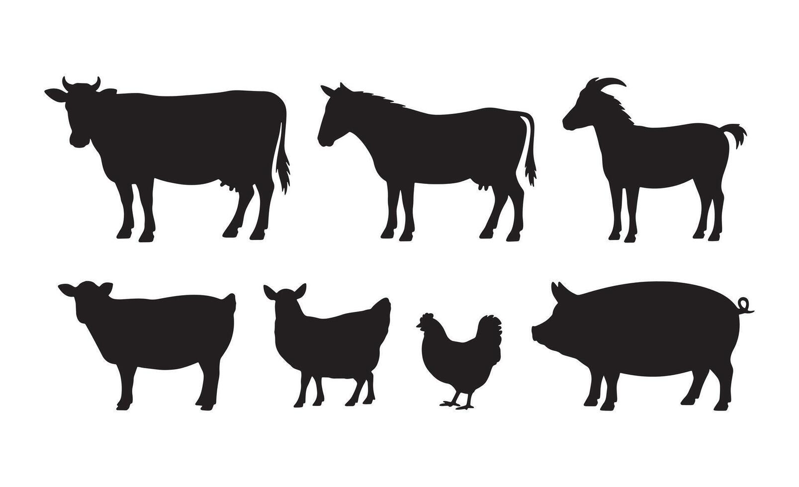 Collection of black silhouettes of farm animals on a white background vector