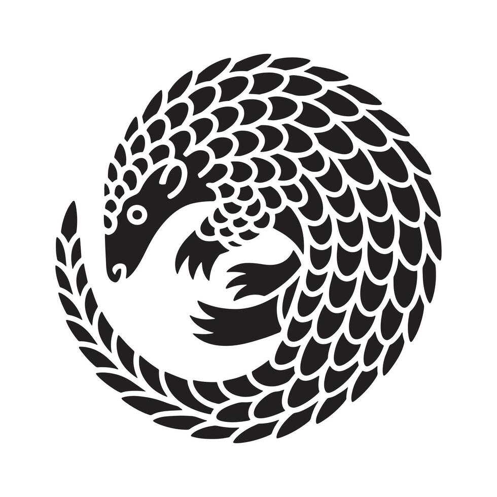 Stylized black pangolin curled in a protective ball shape vector