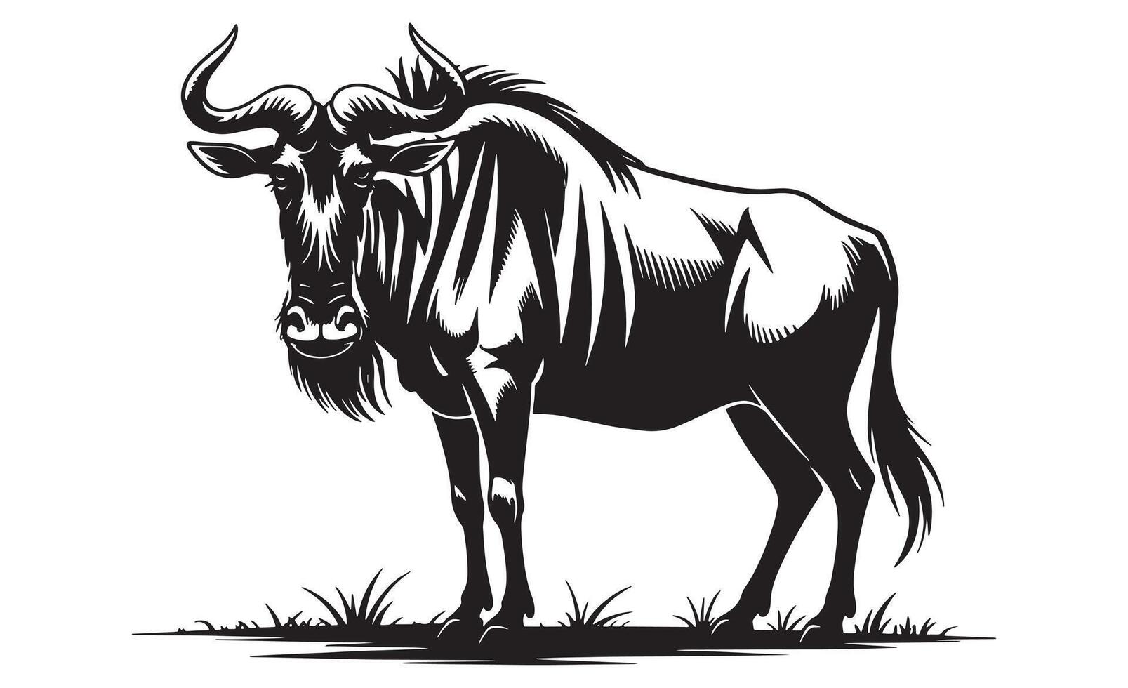 Stylized black and white illustration of a wildebeest standing in grass vector