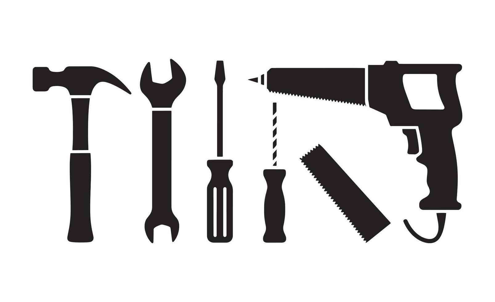 Collection of black silhouette icons representing various hand tools vector