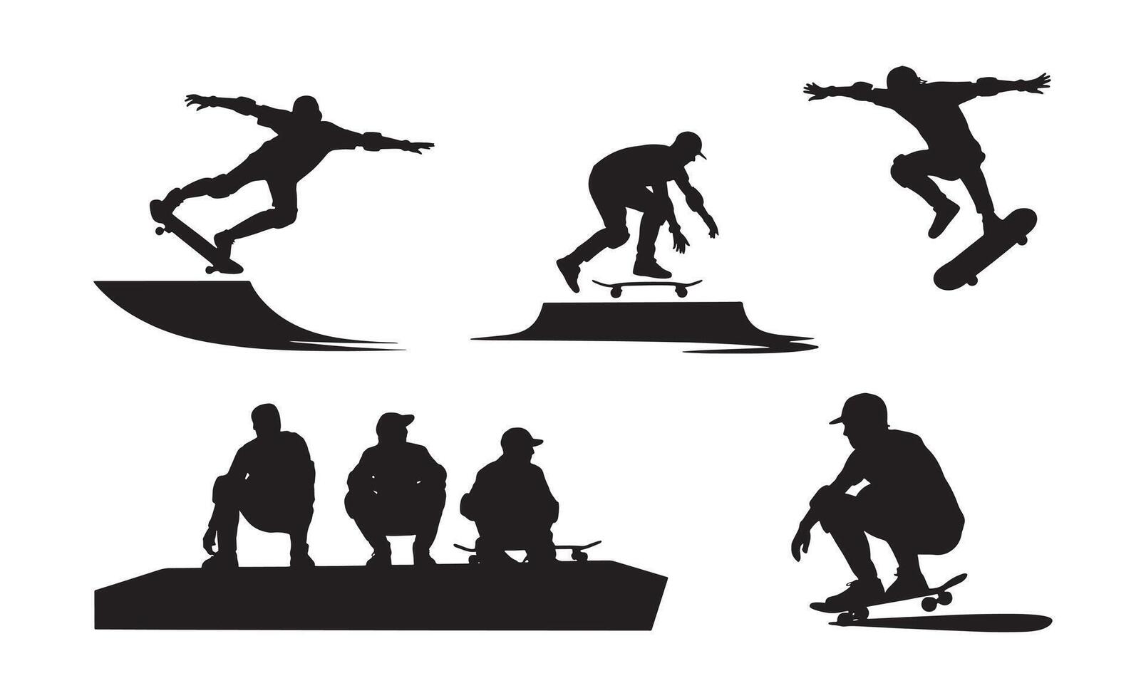 Collection of diverse skateboarder silhouettes performing tricks and resting on white background vector