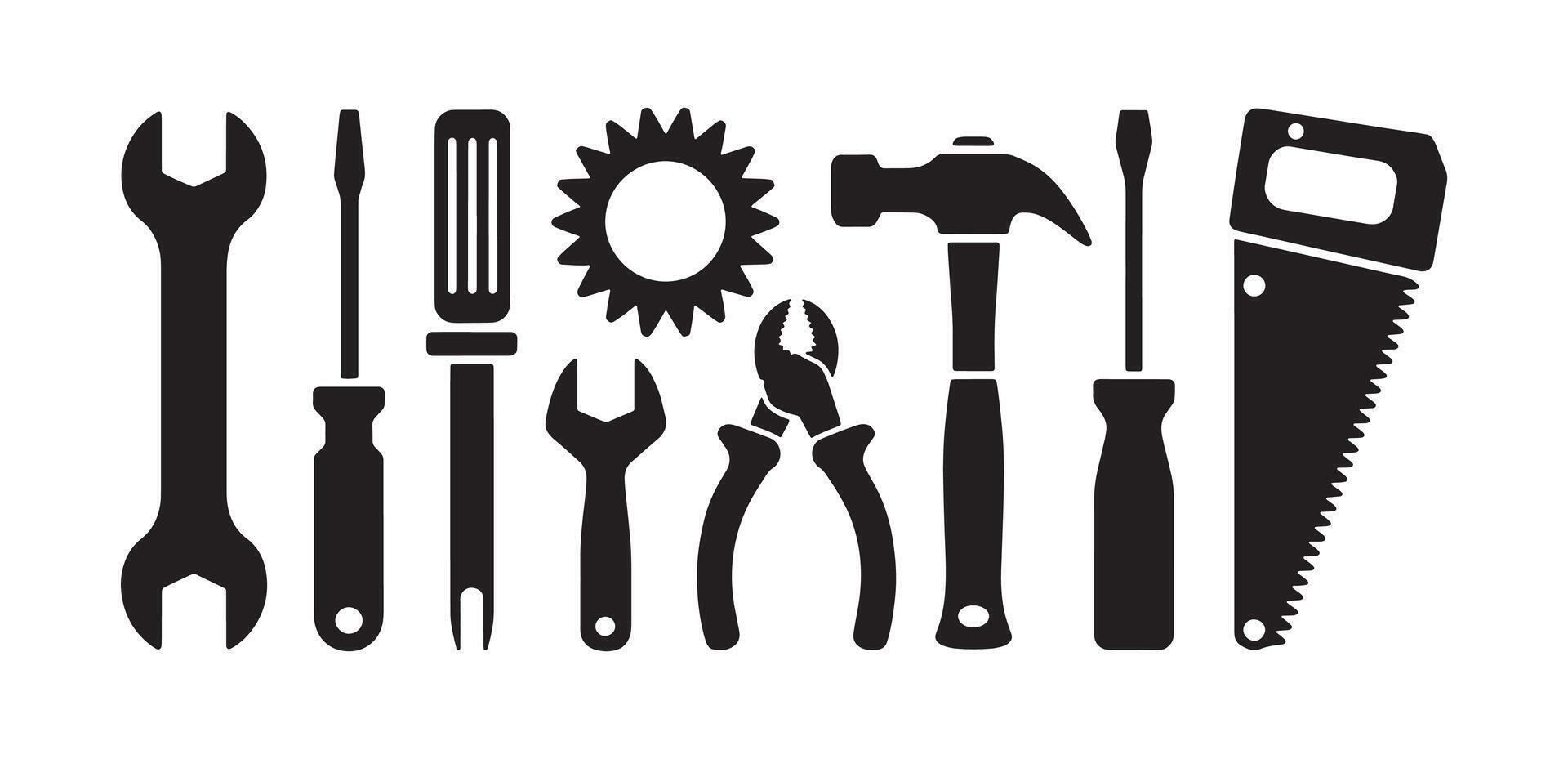 Collection of silhouetted hand tools for construction and repair vector