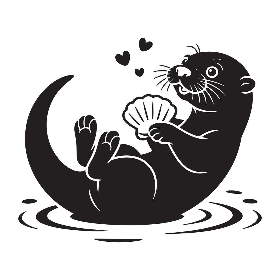 Adorable black silhouette of a happy otter floating and holding a seashell vector