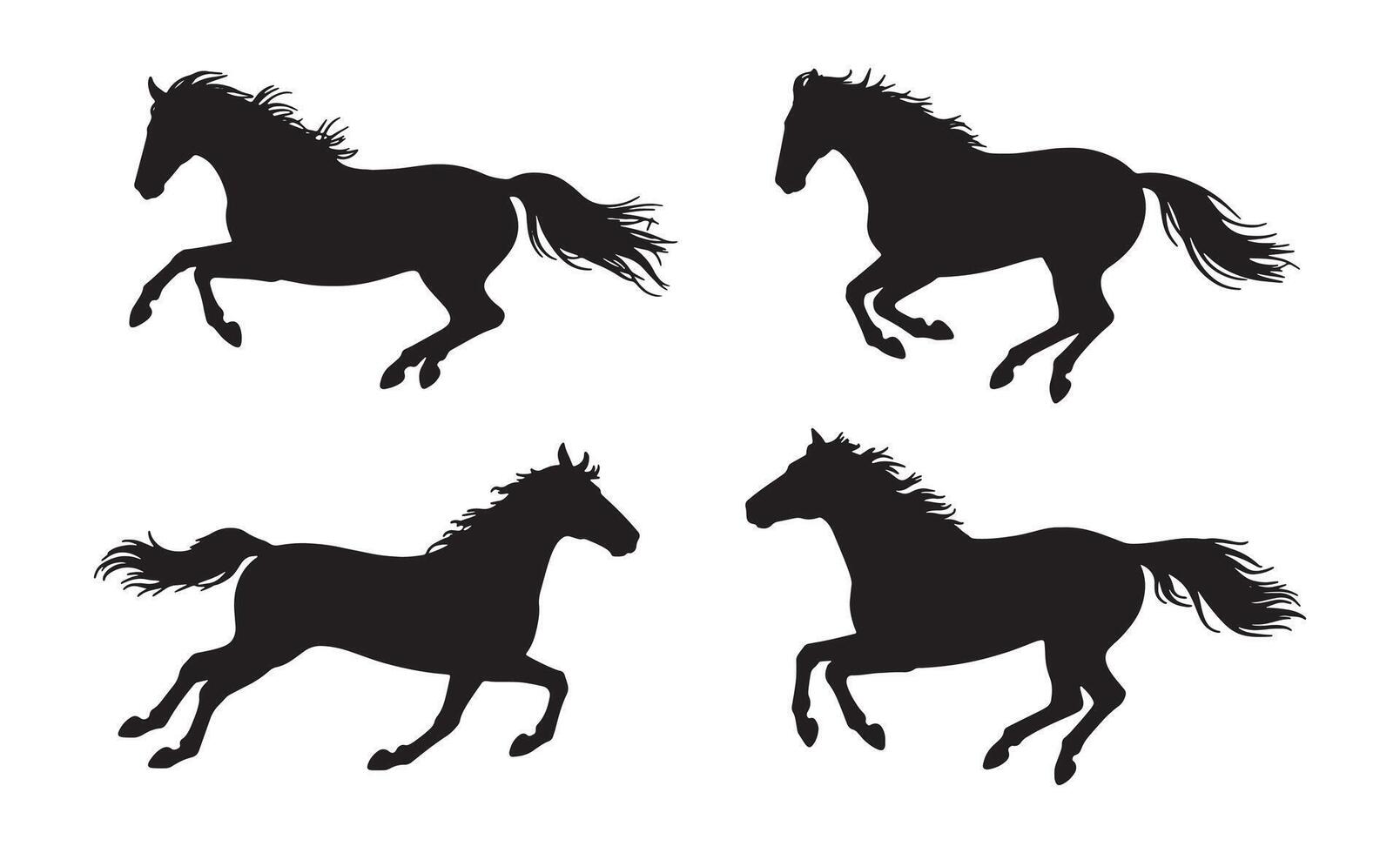 Four black horse silhouettes galloping across a white background vector