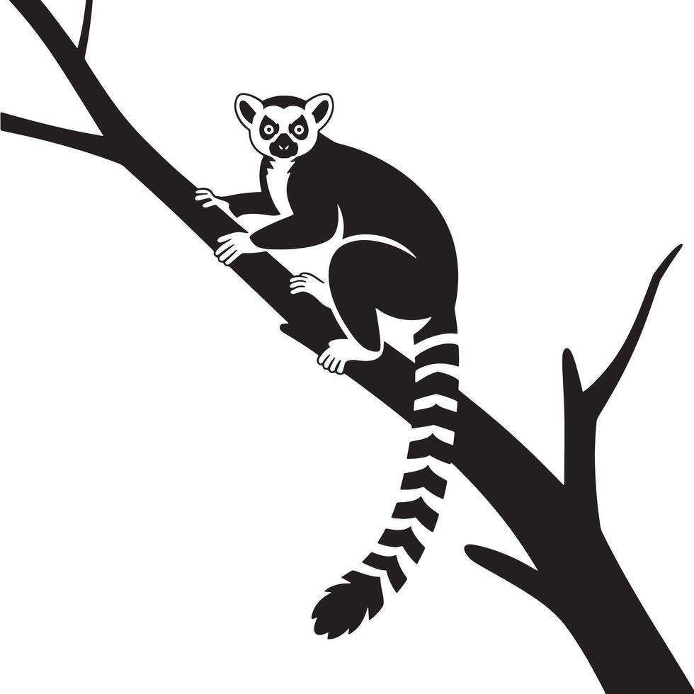 Stylized ring tailed lemur clinging to a tree branch in black and white vector