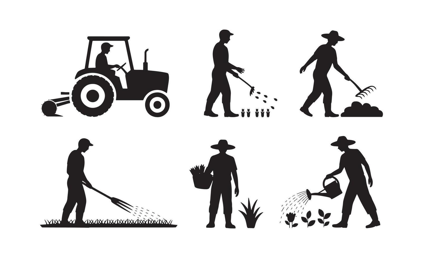 Farmers performing various agricultural tasks with a tractor and tools vector