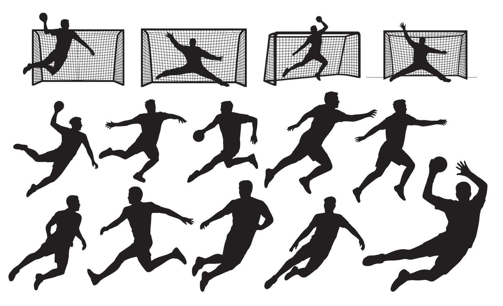 Silhouette collection of handball players in action with goals vector