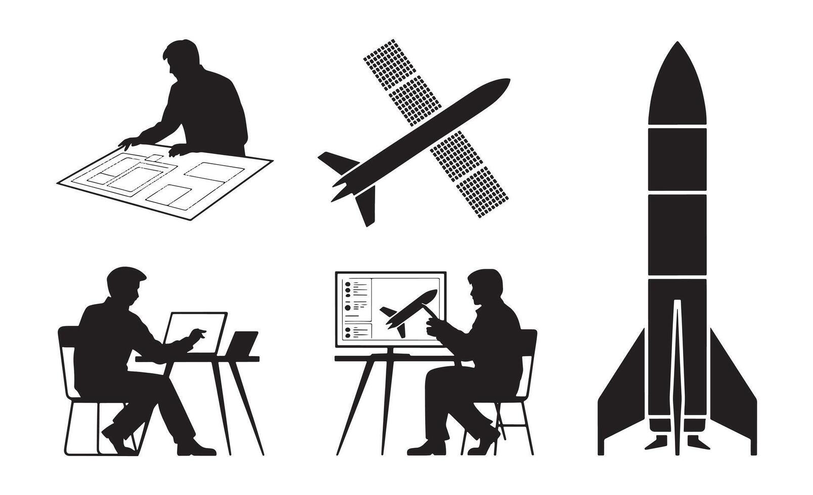 Engineers designing and building rockets and satellites with computers and blueprints vector